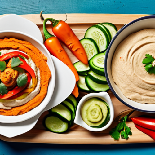**A table spread featuring hummus served in various ways.** Include pita bread, fresh vegetables (carrots, cucumber, bell peppers), and grilled chicken. Vibrant colors, healthy and delicious concept.