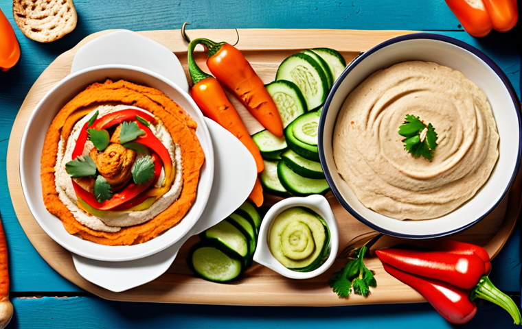 **A table spread featuring hummus served in various ways.** Include pita bread, fresh vegetables (carrots, cucumber, bell peppers), and grilled chicken. Vibrant colors, healthy and delicious concept.